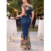 image:imageVFSHOW Womens Floral Off The Shoulder Wedding Guest Cocktail Long Dress  2026 Sexy Mesh One Shoulder Formal Maxi Bodycon DressesDark Blue and Multi Floral Print