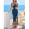 image:imageVFSHOW Womens Floral Off The Shoulder Wedding Guest Cocktail Long Dress  2026 Sexy Mesh One Shoulder Formal Maxi Bodycon DressesDark Blue and Multi Floral Print