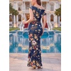 image:imageVFSHOW Womens Floral Off The Shoulder Wedding Guest Cocktail Long Dress  2026 Sexy Mesh One Shoulder Formal Maxi Bodycon DressesNavy Blue and Multi Floral Print