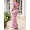 image:imageVFSHOW Womens Floral Off The Shoulder Wedding Guest Cocktail Long Dress  2026 Sexy Mesh One Shoulder Formal Maxi Bodycon DressesPinkish Purple Floral Print