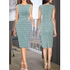 image:imageVFSHOW Womens Front Zipper Work Business Office Slim Bodycon Church Dress  Sleeveless Elegant Professional Career Crew Neck Zipper Up Fitted Pencil Sheath DressesTeal Green Tweed