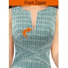 image:imageVFSHOW Womens Front Zipper Work Business Office Slim Bodycon Church Dress  Sleeveless Elegant Professional Career Crew Neck Zipper Up Fitted Pencil Sheath DressesTeal Green Tweed