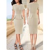 image:imageVFSHOW Womens Peplum Work Business Office Slim Bodycon Sheath Pencil Dress  Short Sleeve Pleated Crew Neck Summer Church DressesBeige Knit
