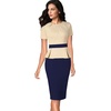 image:imageVFSHOW Womens Peplum Work Business Office Slim Bodycon Sheath Pencil Dress  Short Sleeve Pleated Crew Neck Summer Church DressesBeige and Dark Blue