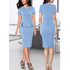 image:imageVFSHOW Womens Peplum Work Business Office Slim Bodycon Sheath Pencil Dress  Short Sleeve Pleated Crew Neck Summer Church DressesBlue Tweed