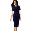 image:imageVFSHOW Womens Peplum Work Business Office Slim Bodycon Sheath Pencil Dress  Short Sleeve Pleated Crew Neck Summer Church DressesDark Blue