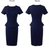 image:imageVFSHOW Womens Peplum Work Business Office Slim Bodycon Sheath Pencil Dress  Short Sleeve Pleated Crew Neck Summer Church DressesDark Blue