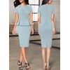 image:imageVFSHOW Womens Peplum Work Business Office Slim Bodycon Sheath Pencil Dress  Short Sleeve Pleated Crew Neck Summer Church DressesLight Blue Tweed