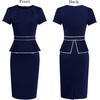 image:imageVFSHOW Womens Peplum Work Business Office Slim Bodycon Sheath Pencil Dress  Short Sleeve Pleated Crew Neck Summer Church DressesNavy Blue With White Piping