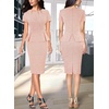 image:imageVFSHOW Womens Peplum Work Business Office Slim Bodycon Sheath Pencil Dress  Short Sleeve Pleated Crew Neck Summer Church DressesPink Tweed