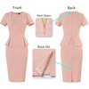 image:imageVFSHOW Womens Peplum Work Business Office Slim Bodycon Sheath Pencil Dress  Short Sleeve Pleated Crew Neck Summer Church DressesPink Tweed