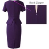 image:imageVFSHOW Womens Peplum Work Business Office Slim Bodycon Sheath Pencil Dress  Short Sleeve Pleated Crew Neck Summer Church DressesPurple