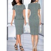 image:imageVFSHOW Womens Peplum Work Business Office Slim Bodycon Sheath Pencil Dress  Short Sleeve Pleated Crew Neck Summer Church DressesTeal Green Plaid Tweed