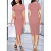 image:imageVFSHOW Womens Peplum Work Business Office Slim Bodycon Sheath Pencil Dress  Short Sleeve Pleated Crew Neck Summer Church DressesTextured Pink