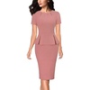 image:imageVFSHOW Womens Peplum Work Business Office Slim Bodycon Sheath Pencil Dress  Short Sleeve Pleated Crew Neck Summer Church DressesTextured Pink