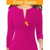image:imageVFSHOW Womens Work Business Office Zipper Up Slim Bodycon Sheath Dress  34 Sleeve Crew Neck Front Zipper Crisscross Waist Church Spring Fall Pencil DressHot Pink