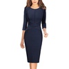 image:imageVFSHOW Womens Work Business Office Zipper Up Slim Bodycon Sheath Dress  34 Sleeve Crew Neck Front Zipper Crisscross Waist Church Spring Fall Pencil DressNavy Blue and White Striped