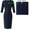 image:imageVFSHOW Womens Work Business Office Zipper Up Slim Bodycon Sheath Dress  34 Sleeve Crew Neck Front Zipper Crisscross Waist Church Spring Fall Pencil DressNavy Blue and White Striped