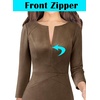 image:imageVFSHOW Womens Work Business Office Zipper Up Slim Bodycon Sheath Dress  34 Sleeve Crew Neck Front Zipper Crisscross Waist Church Spring Fall Pencil DressCoffee Suede