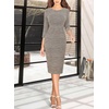 image:imageVFSHOW Womens Work Business Office Zipper Up Slim Bodycon Sheath Dress  34 Sleeve Crew Neck Front Zipper Crisscross Waist Church Spring Fall Pencil DressBeige Tweed
