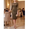 image:imageVFSHOW Womens Work Business Office Zipper Up Slim Bodycon Sheath Dress  34 Sleeve Crew Neck Front Zipper Crisscross Waist Church Spring Fall Pencil DressCoffee Suede