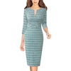 image:imageVFSHOW Womens Work Business Office Zipper Up Slim Bodycon Sheath Dress  34 Sleeve Crew Neck Front Zipper Crisscross Waist Church Spring Fall Pencil DressTeal Green Tweed