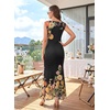 image:imageVFSHOW Womens Boat Neck Cocktail Wedding Guest Bodycon Evening Long Dress  Elegant Mermaid Dress Fitted Maxi Dress Formal Dresses Bridal Dinner Garden PartyBlack and Multi Floral Print