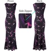 image:imageVFSHOW Womens Boat Neck Cocktail Wedding Guest Bodycon Evening Long Dress  Elegant Mermaid Dress Fitted Maxi Dress Formal Dresses Bridal Dinner Garden PartyBlack With Purple Abstract Print