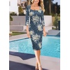 image:imageVFSHOW Womens Cocktail Party Sexy Square Neck 34 Sleeve Dresses Evening Elegant Casual Wedding Guest Bodycon Pencil Sheath Dress Blue Cream Floral Print XLarge 12565 BLU XL