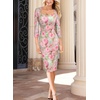 image:imageVFSHOW Womens Cocktail Party Sexy Square Neck 34 Sleeve Dresses Evening Elegant Casual Wedding Guest Bodycon Pencil Sheath Dress Pink Floral Print XLarge 12556 PIK XL