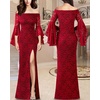 image:imageVFSHOW Womens Formal Prom Off Shoulder Ruffle Bell Sleeve Gala Maxi Dress  Sexy High Slit Wedding Guest Party Black Tie Ball Long Cocktail Evening GownRed Floral Lace Black Lining