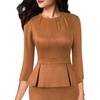 image:imageVFSHOW Womens Pleated Crew Neck Peplum Slim Work Business Bodycon Dress  34 Sleeves Professional Elegant Church Funeral Spring Fall Fitted Office Pencil Sheath DressBrown Suede