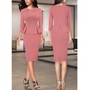 image:imageVFSHOW Womens Pleated Crew Neck Peplum Slim Work Business Bodycon Dress  34 Sleeves Professional Elegant Church Funeral Spring Fall Fitted Office Pencil Sheath DressDusty Pink