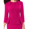 image:imageVFSHOW Womens Pleated Crew Neck Peplum Slim Work Business Bodycon Dress  34 Sleeves Professional Elegant Church Funeral Spring Fall Fitted Office Pencil Sheath DressHot Pink