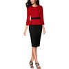 image:imageVFSHOW Womens Pleated Crew Neck Peplum Slim Work Business Bodycon Dress  34 Sleeves Professional Elegant Church Funeral Spring Fall Fitted Office Pencil Sheath DressRed  Black