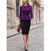 image:imageVFSHOW Womens Pleated Crew Neck Peplum Slim Work Business Bodycon Dress  34 Sleeves Professional Elegant Church Funeral Spring Fall Fitted Office Pencil Sheath DressPurple and Black