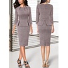 image:imageVFSHOW Womens Pleated Crew Neck Peplum Slim Work Business Bodycon Dress  34 Sleeves Professional Elegant Church Funeral Spring Fall Fitted Office Pencil Sheath DressPink Tweed