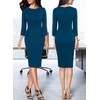 image:imageVFSHOW Womens Pleated Crew Neck Peplum Slim Work Business Bodycon Dress  34 Sleeves Professional Elegant Church Funeral Spring Fall Fitted Office Pencil Sheath DressPeacock Blue