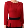 image:imageVFSHOW Womens Pleated Crew Neck Peplum Slim Work Business Bodycon Dress  34 Sleeves Professional Elegant Church Funeral Spring Fall Fitted Office Pencil Sheath DressRed  Black