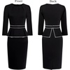 image:imageVFSHOW Womens Pleated Crew Neck Peplum Slim Work Business Bodycon Dress  34 Sleeves Professional Elegant Church Funeral Spring Fall Fitted Office Pencil Sheath DressBlack With White Piping