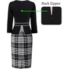 image:imageVFSHOW Womens Pleated Crew Neck Peplum Slim Work Business Bodycon Dress  34 Sleeves Professional Elegant Church Funeral Spring Fall Fitted Office Pencil Sheath DressBlack White Tartan Printa