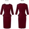 image:imageVFSHOW Womens Pleated Crew Neck Peplum Slim Work Business Bodycon Dress  34 Sleeves Professional Elegant Church Funeral Spring Fall Fitted Office Pencil Sheath DressDark Red