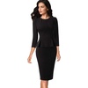 image:imageVFSHOW Womens Pleated Crew Neck Peplum Slim Work Business Bodycon Dress  34 Sleeves Professional Elegant Church Funeral Spring Fall Fitted Office Pencil Sheath DressBlack