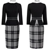 image:imageVFSHOW Womens Pleated Crew Neck Peplum Slim Work Business Bodycon Dress  34 Sleeves Professional Elegant Church Funeral Spring Fall Fitted Office Pencil Sheath DressBlack White Tartan Printa