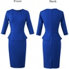 image:imageVFSHOW Womens Pleated Crew Neck Peplum Slim Work Business Bodycon Dress  34 Sleeves Professional Elegant Church Funeral Spring Fall Fitted Office Pencil Sheath DressRoyal Blue