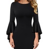image:imageVFSHOW Womens Ruffle Bell Sleeves Cocktail Wedding Guest Slim Bodycon Dress  Round Neck Knee Length Date Night Fitted SemiFormal Birthday Graduation Party Pencil Sheath DressesBlack