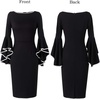image:imageVFSHOW Womens Ruffle Bell Sleeves Cocktail Wedding Guest Slim Bodycon Dress  Round Neck Knee Length Date Night Fitted SemiFormal Birthday Graduation Party Pencil Sheath DressesBlack With White Piping