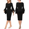 image:imageVFSHOW Womens Ruffle Bell Sleeves Cocktail Wedding Guest Slim Bodycon Dress  Round Neck Knee Length Date Night Fitted SemiFormal Birthday Graduation Party Pencil Sheath DressesBlack