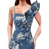 image:imageVFSHOW Womens Ruffle One Shoulder Formal Prom Gala Maxi Dress Evening Gown  V Neck Bodycon Sexy High Slit Long Cocktail Wedding Guest Dresses Party BridesmaidDenim Blue Floral Print