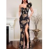image:imageVFSHOW Womens Ruffle One Shoulder Formal Prom Gala Maxi Dress Evening Gown  V Neck Bodycon Sexy High Slit Long Cocktail Wedding Guest Dresses Party BridesmaidBlack With Beige Floral Print